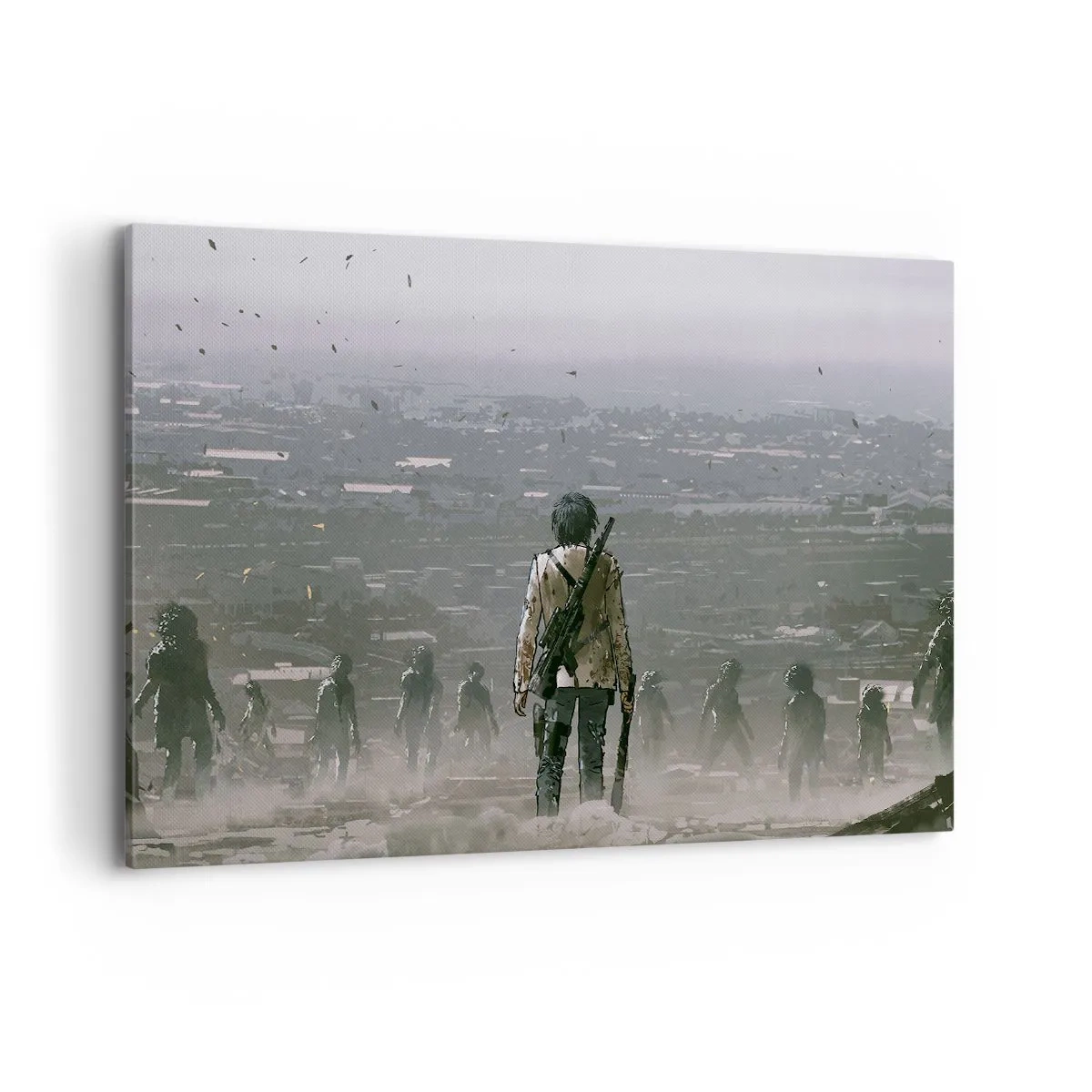 Impression sur toile - Image sur toile - Une silhouette avec une arme se tient devant un groupe dans un paysage dystopique. - 120x80cm - Dernier samaritain ? - Décoration murale moderne pour le salon et la chambre ARTTOR