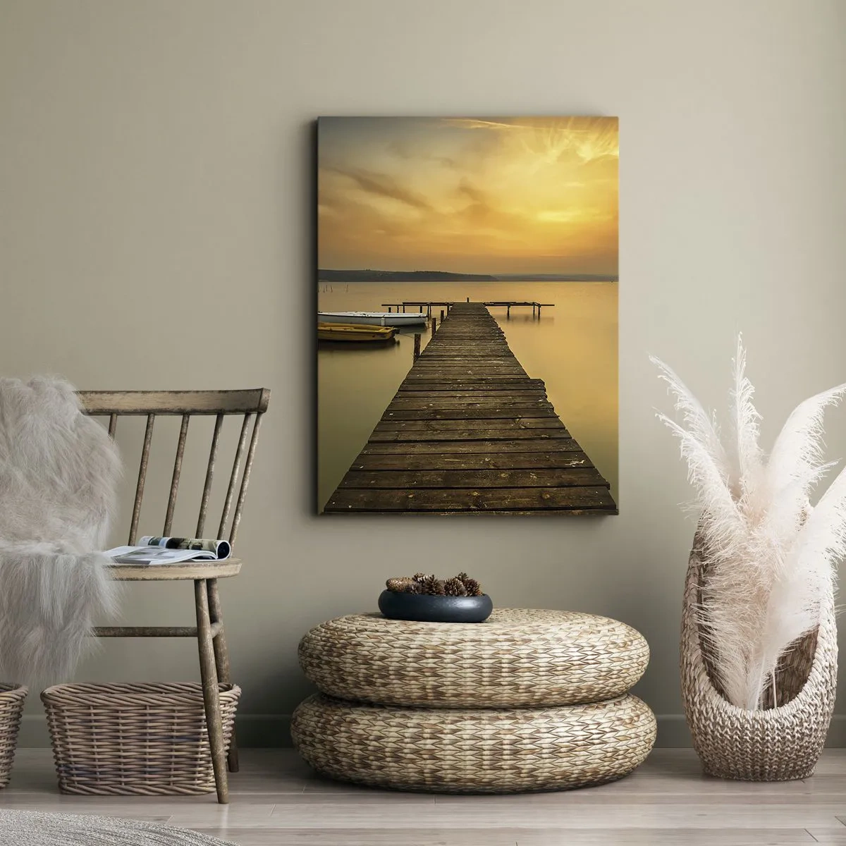 Impression sur toile - Image sur toile - Jetée en bois et bateaux sur le lac au coucher du soleil - 70x100cm - Je t'ouvrirai le ciel d'or - Décoration murale moderne pour le salon et la chambre ARTTOR
