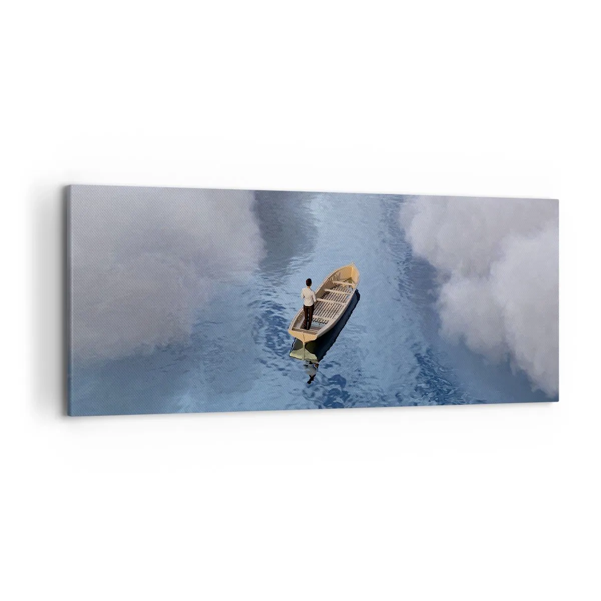 Impression sur toile - Image sur toile - Un homme dans un bateau sur une mer calme entourée de nuages - 120x50cm - Vie – voyage – inconnu - Décoration murale moderne pour le salon et la chambre ARTTOR