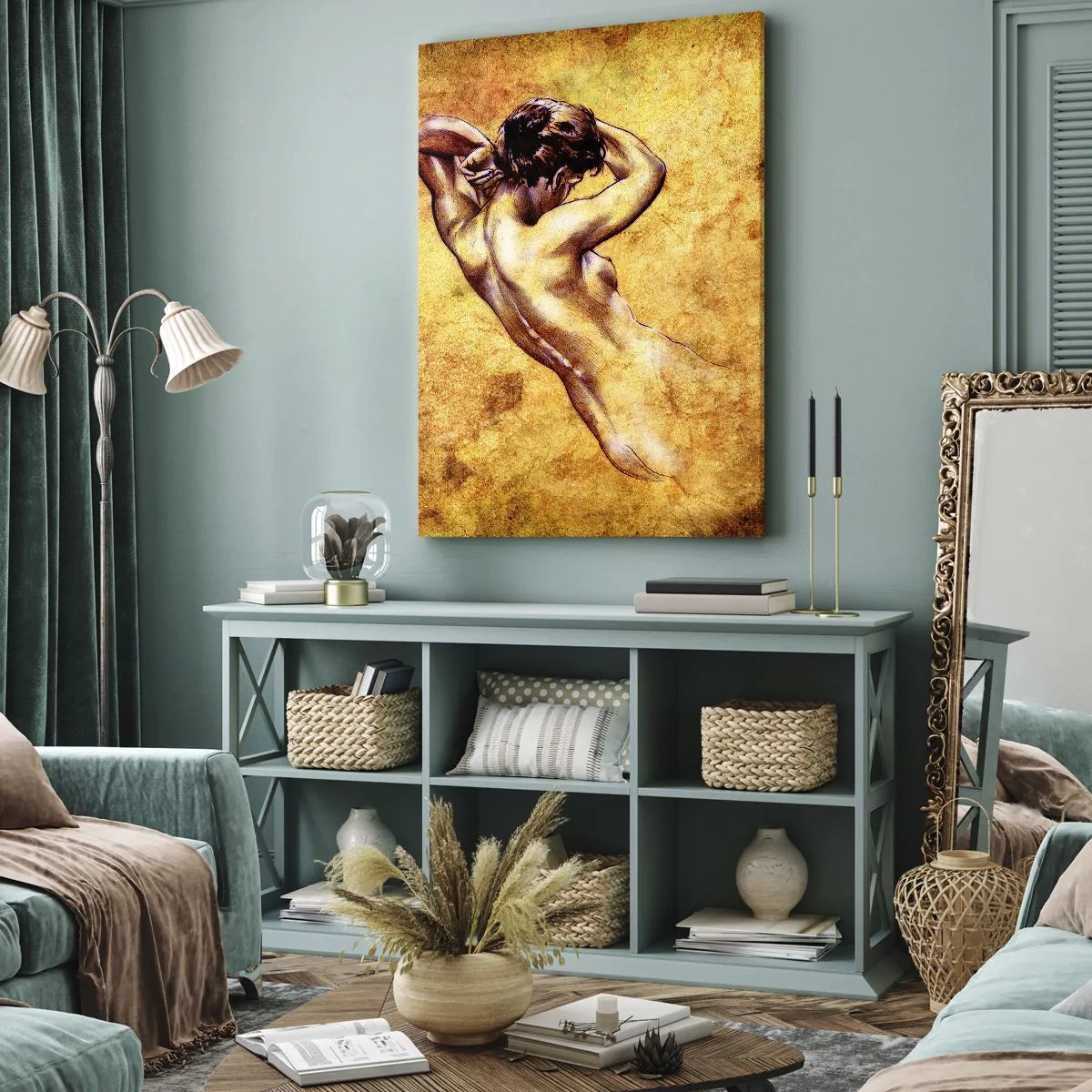 Impression sur toile - Image sur toile - Nu féminin artistique sur fond doré dans un style classique - 50x70cm - Découverte, mais toujours mystèrieuse - Décoration murale moderne pour le salon et la chambre ARTTOR