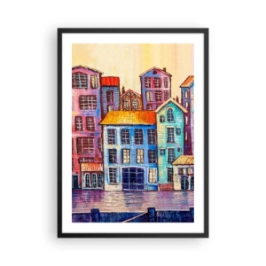 Affiche dans un cadre noir - Poster - Maisons colorées au bord de l'eau dans un style pictural - 50x70cm - Une ville comme dans un conte de fées - Décoration murale moderne pour le salon et la chambre ARTTOR