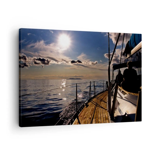 Impression sur toile - Image sur toile - Une croisière en yacht sur la mer au coucher du soleil - 70x50cm - Naviguer vers le soleil - Décoration murale moderne pour le salon et la chambre ARTTOR