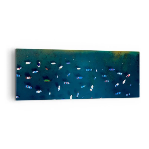Impression sur toile - Image sur toile - Vue aérienne de bateaux sur l'eau et d'un rivage sablonneux - 140x50cm - Jeu de vacances - Décoration murale moderne pour le salon et la chambre ARTTOR