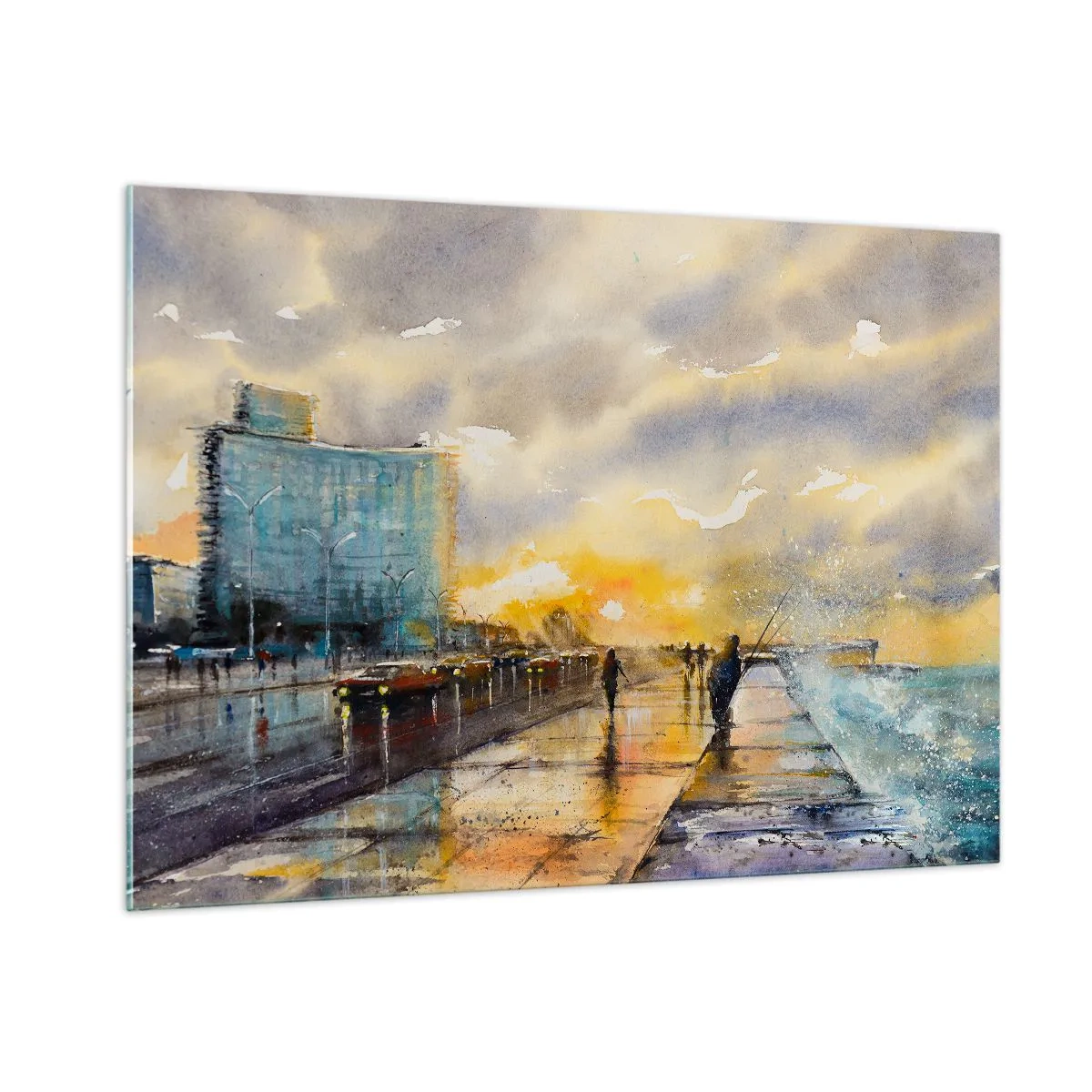 Impression sur verre - Image sur verre - Aquarelle d'une ville balnéaire avec coucher de soleil - 100x70cm - La vie sur le rivage - Décoration murale moderne pour le salon et la chambre ARTTOR