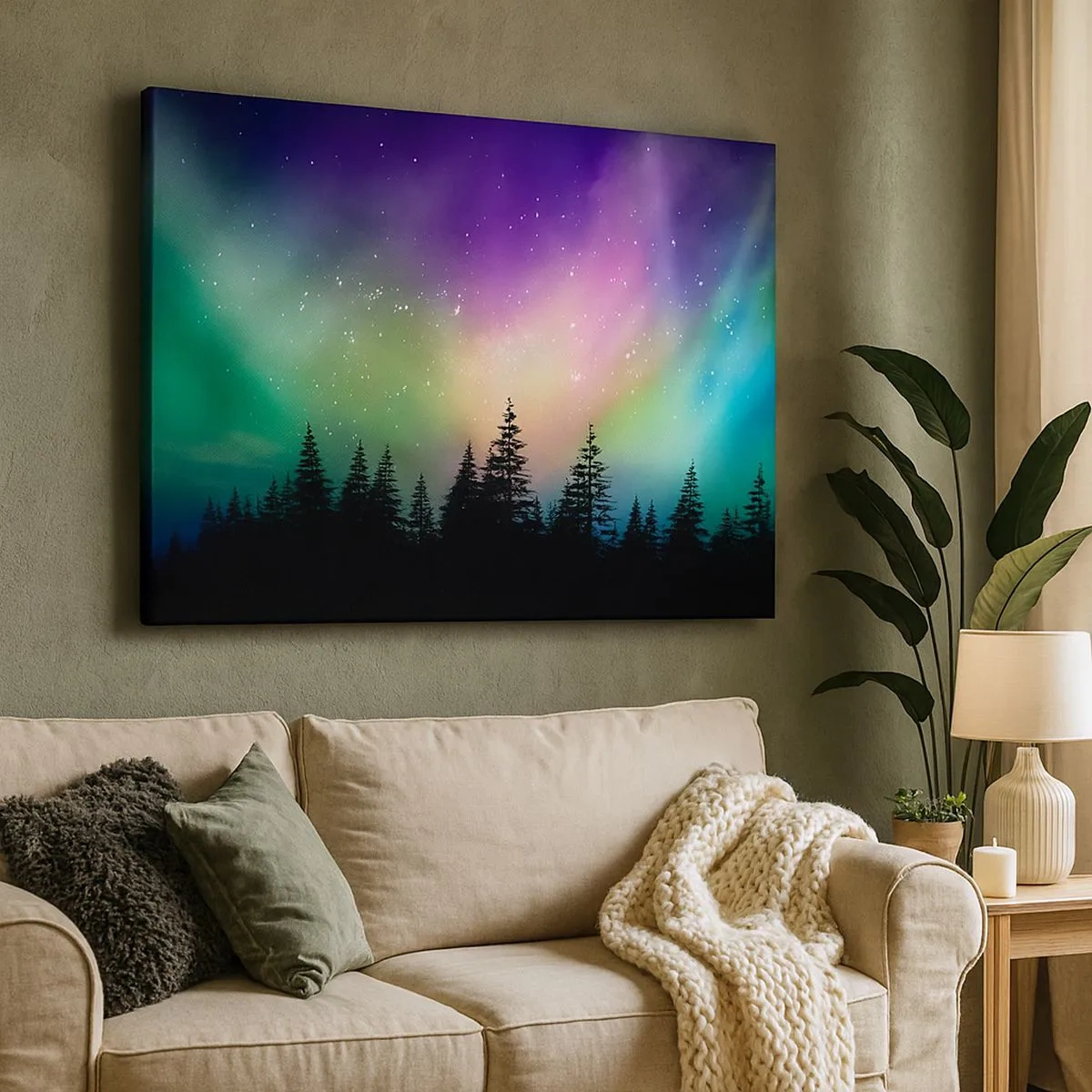 Impression sur toile - Image sur toile - Aurore boréale au-dessus d'une forêt avec un ciel étoilé - 70x50cm - Magie blanche - Décoration murale moderne pour le salon et la chambre ARTTOR