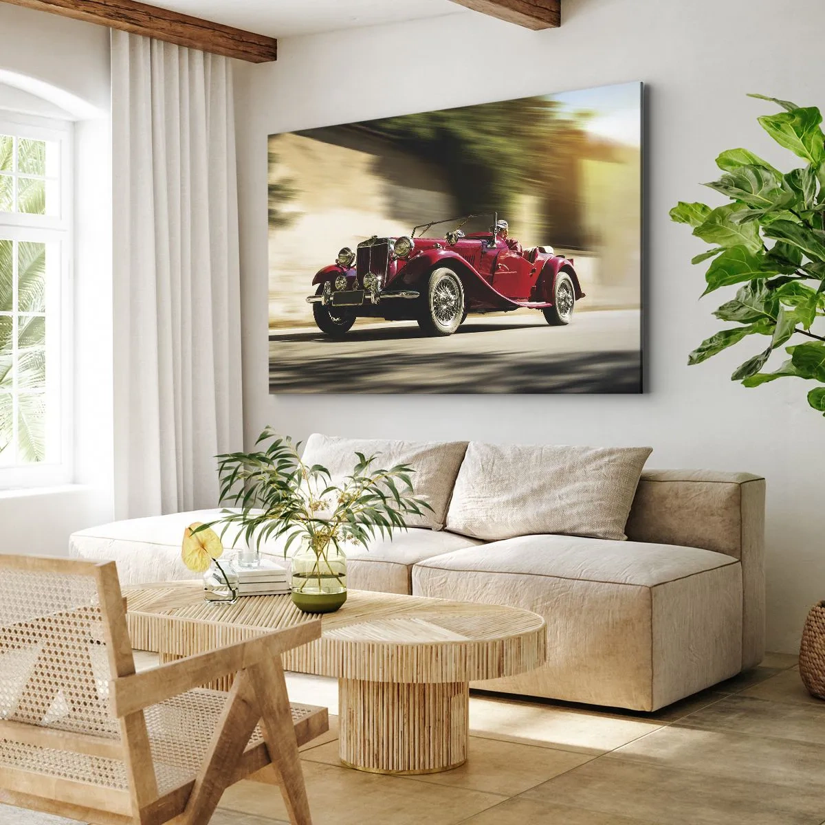Impression sur toile - Image sur toile - Voiture classique rouge en mouvement dans une rue ensoleillée - 120x80cm - Plus belle que Nike de Samothrace - Décoration murale moderne pour le salon et la chambre ARTTOR
