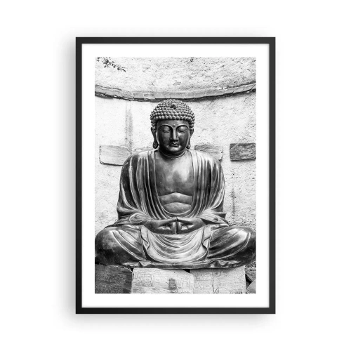 Affiche dans un cadre noir - Poster - Une sculpture de Bouddha en position méditative dans des tons monochromes - 50x70cm - A la source de la paix - Décoration murale moderne pour le salon et la chambre ARTTOR