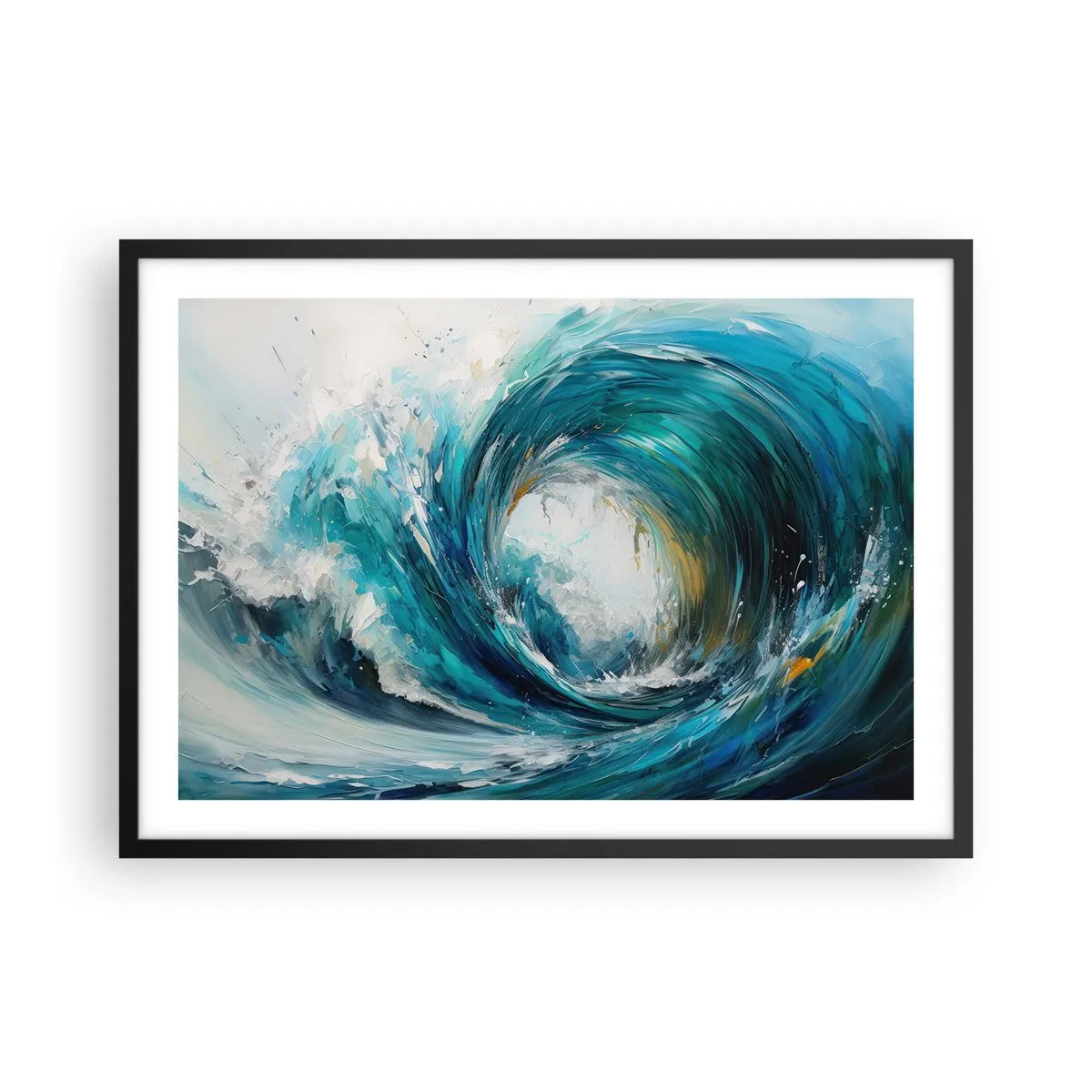 Affiche dans un cadre noir - Poster - Une vague dynamique dans les tons bleu et turquoise - 70x50cm - Portail maritime - Décoration murale moderne pour le salon et la chambre ARTTOR