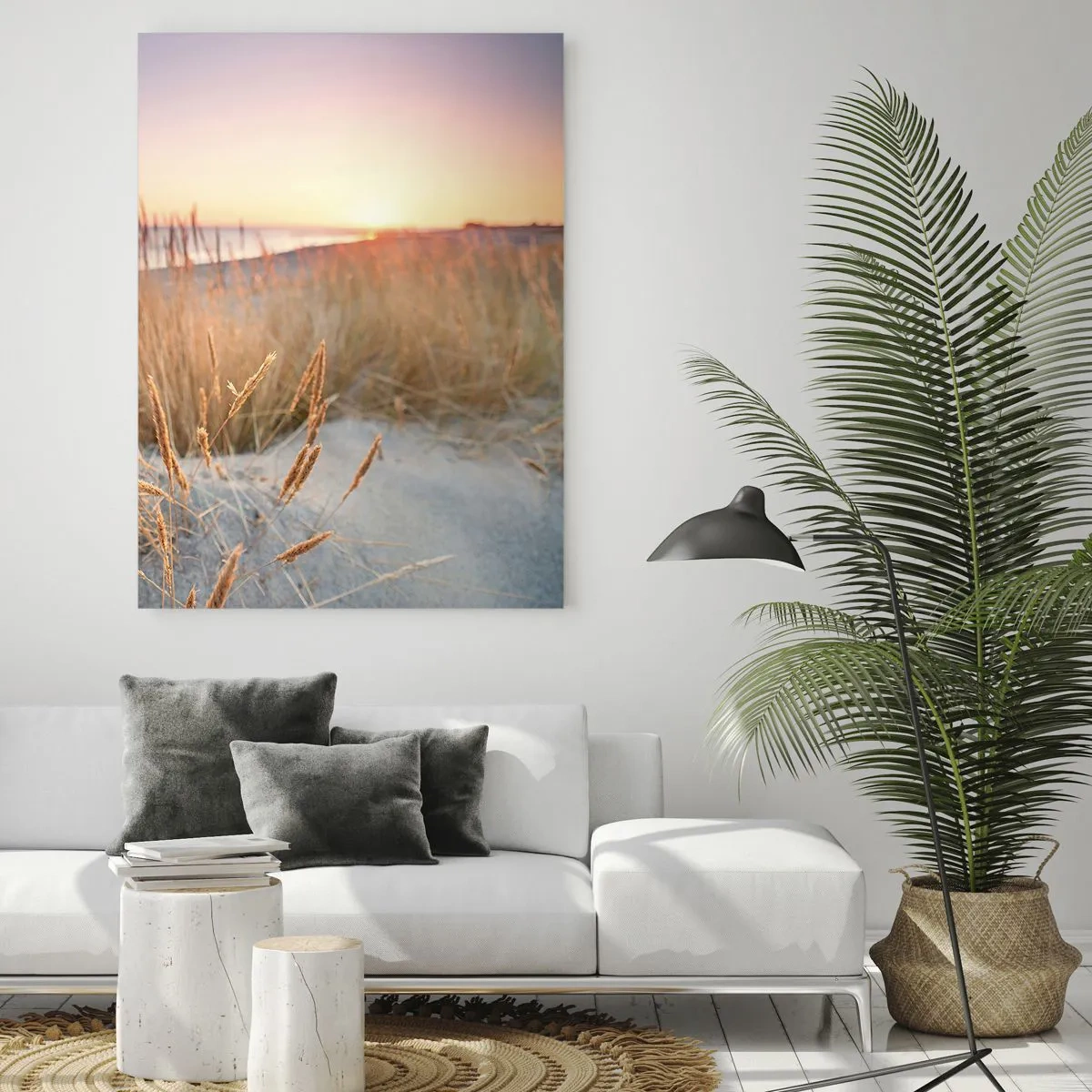 Impression sur verre - Image sur verre - Plage au coucher du soleil avec de hautes herbes - 70x100cm - Berceuse baltique - Décoration murale moderne pour le salon et la chambre ARTTOR