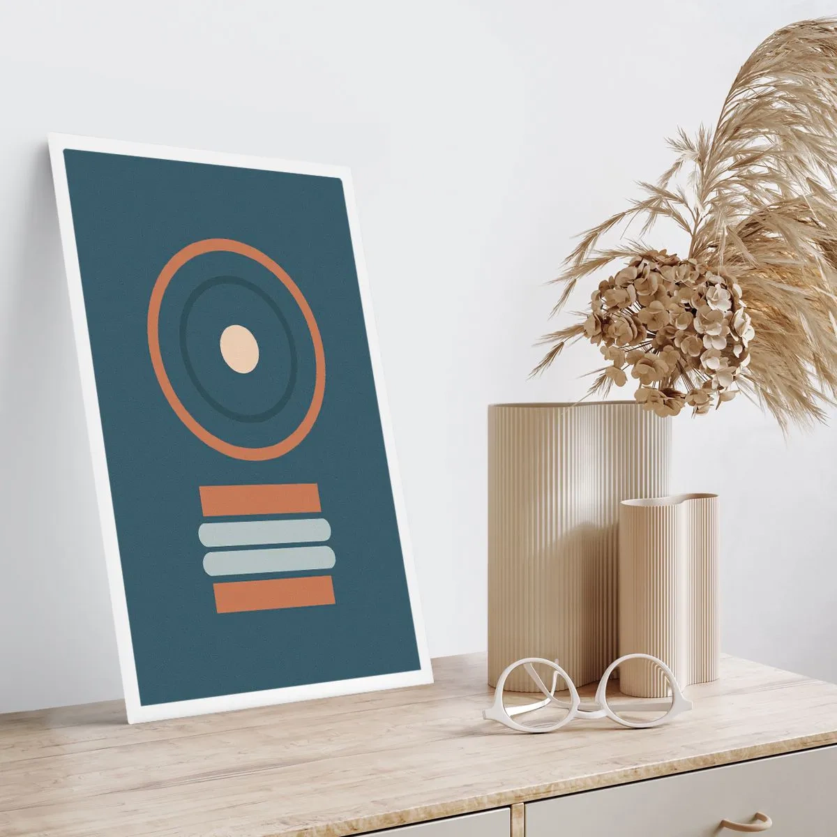 Affiche - Poster - Motif géométrique avec des cercles et des rectangles dans des tons de bleu et de marron - 50x70cm - Essence des choses - Décoration murale moderne pour le salon et la chambre ARTTOR