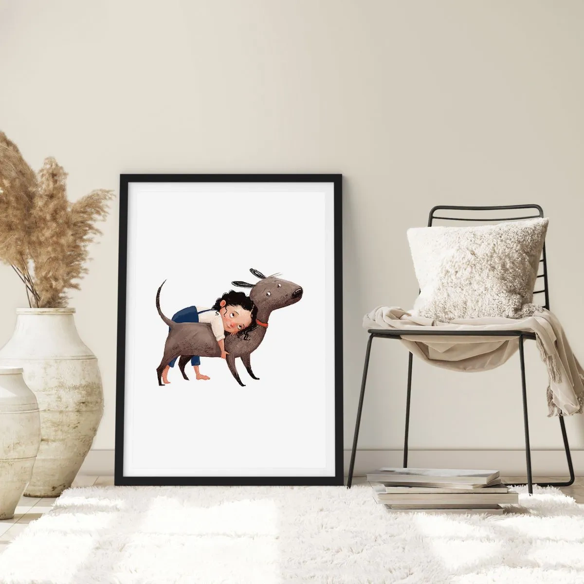 Affiche dans un cadre noir - Poster - Illustration d'un enfant serrant un chien dans ses bras sur un fond blanc - 50x70cm - Les meilleurs amis - Décoration murale moderne pour le salon et la chambre ARTTOR