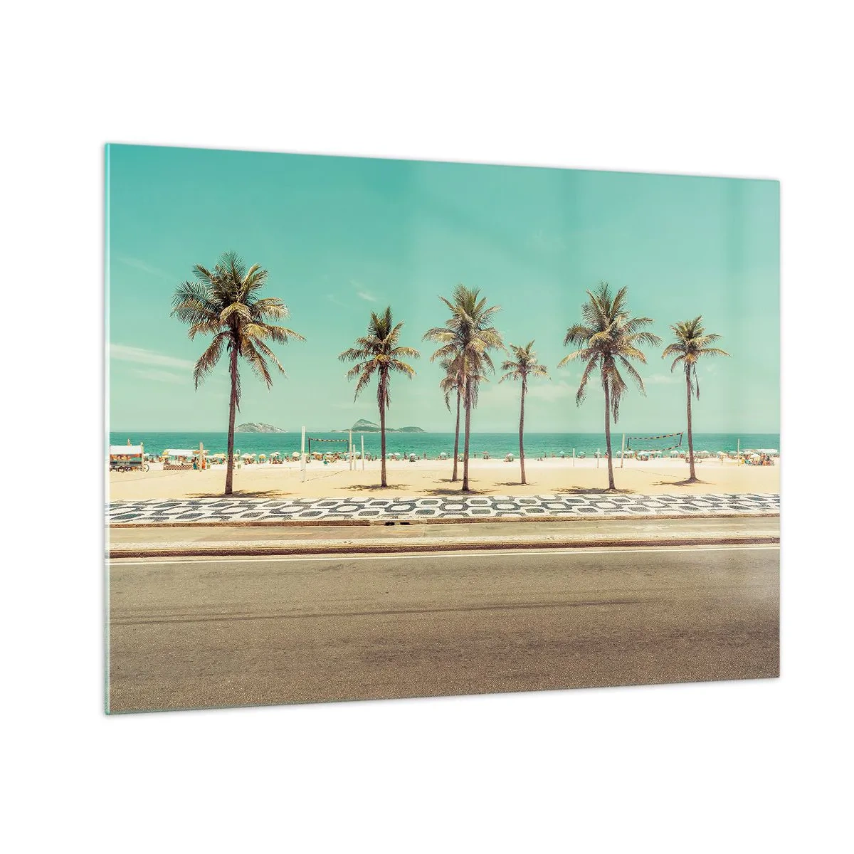 Impression sur verre - Image sur verre - Palmiers sur la promenade avec la plage et l'océan en arrière-plan - 70x50cm - Gardien de plage - Décoration murale moderne pour le salon et la chambre ARTTOR