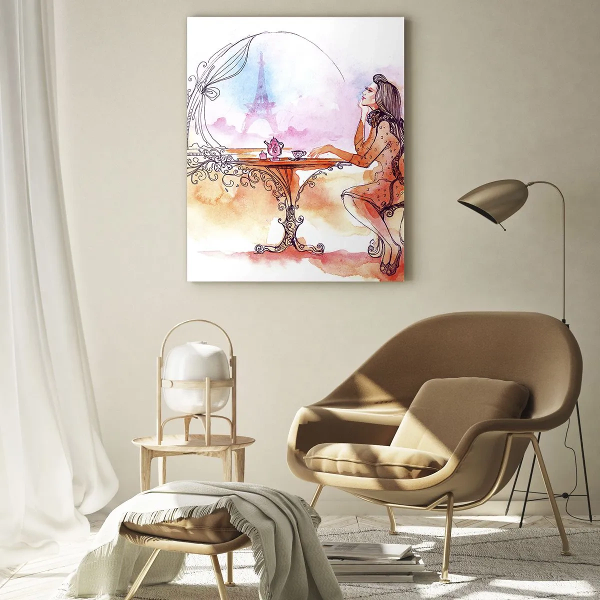 Impression sur verre - Image sur verre - Aquarelle romantique d'une femme dans un café surplombant une tour - 80x120cm - Le chic parisien - Décoration murale moderne pour le salon et la chambre ARTTOR