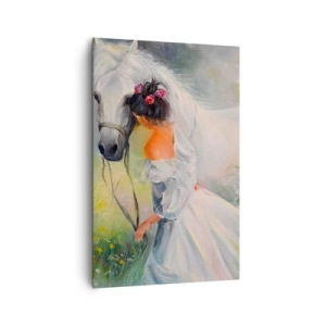 Impression sur toile - Image sur toile - Une femme avec un cheval blanc dans un cadre pittoresque - 80x120cm - Comme dans un beau rêve - Décoration murale moderne pour le salon et la chambre ARTTOR