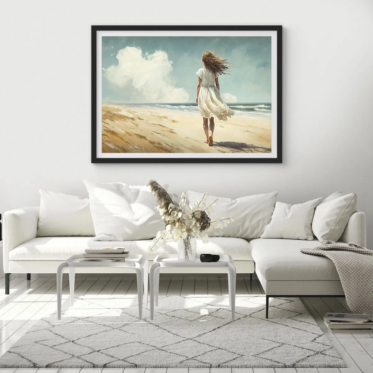 Affiche dans un cadre noir - Poster - Une femme en robe blanche marchant sur la plage par une journée ensoleillée - 70x50cm - Pour rencontrer le soleil et le vent - Décoration murale moderne pour le salon et la chambre ARTTOR