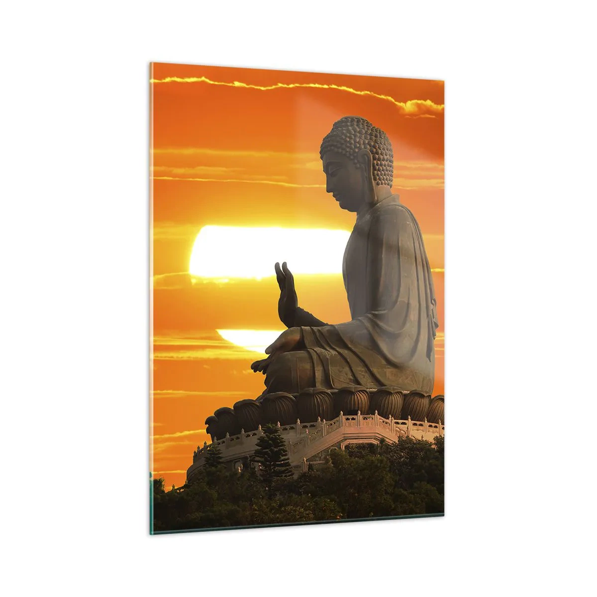Impression sur verre - Image sur verre - Statue de Bouddha sur fond de soleil couchant - 50x70cm - Aucune peur du monde - Décoration murale moderne pour le salon et la chambre ARTTOR