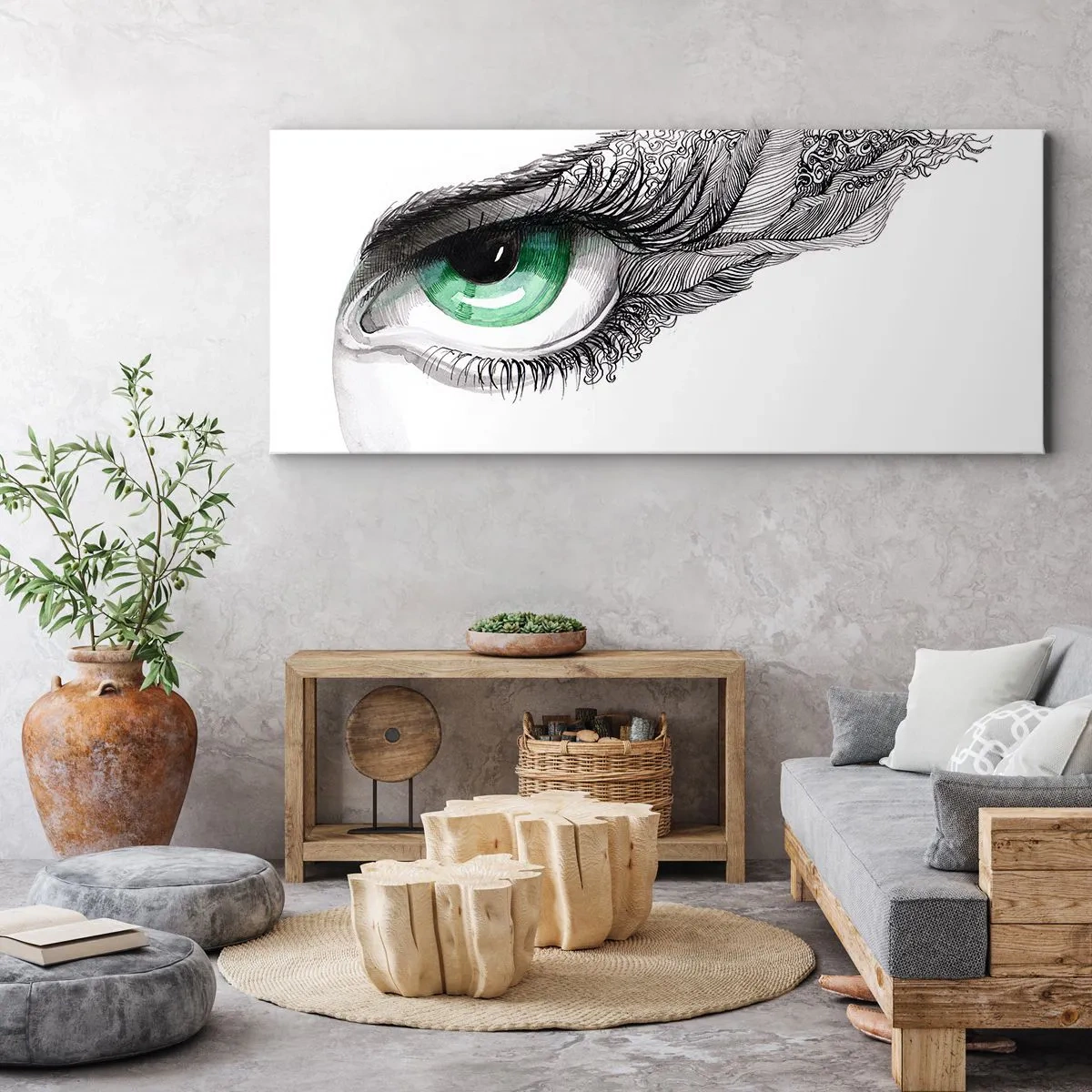Impression sur toile - Image sur toile - Œil artistique avec iris vert et détails de dessin - 140x50cm - Belle et prête à l'attaque - Décoration murale moderne pour le salon et la chambre ARTTOR