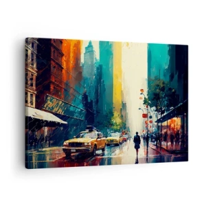 Impression sur toile - Image sur toile - Une ville animée avec des taxis et des passants - 70x50cm - New York – ici même la pluie est colorée - Décoration murale moderne pour le salon et la chambre ARTTOR