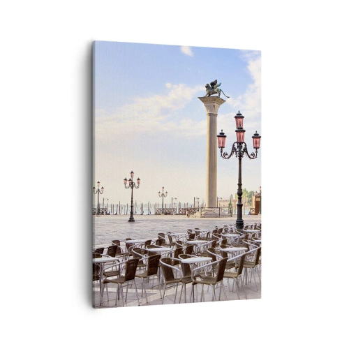 Impression sur toile - Image sur toile - Venise, vue de la place avec des colonnes et des tables de café - 50x70cm - Nous vous invitons, tout est prêt - Décoration murale moderne pour le salon et la chambre ARTTOR