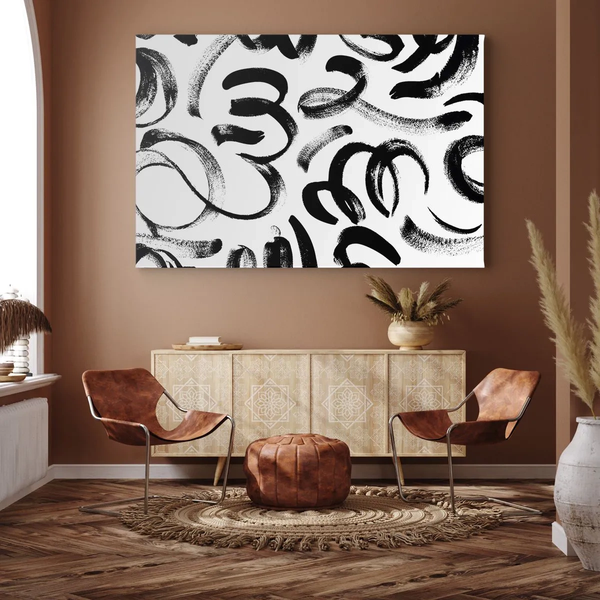 Impression sur toile - Image sur toile - Coups de pinceau abstraits noirs sur fond blanc - 70x50cm - Noir sur blanc - Décoration murale moderne pour le salon et la chambre ARTTOR