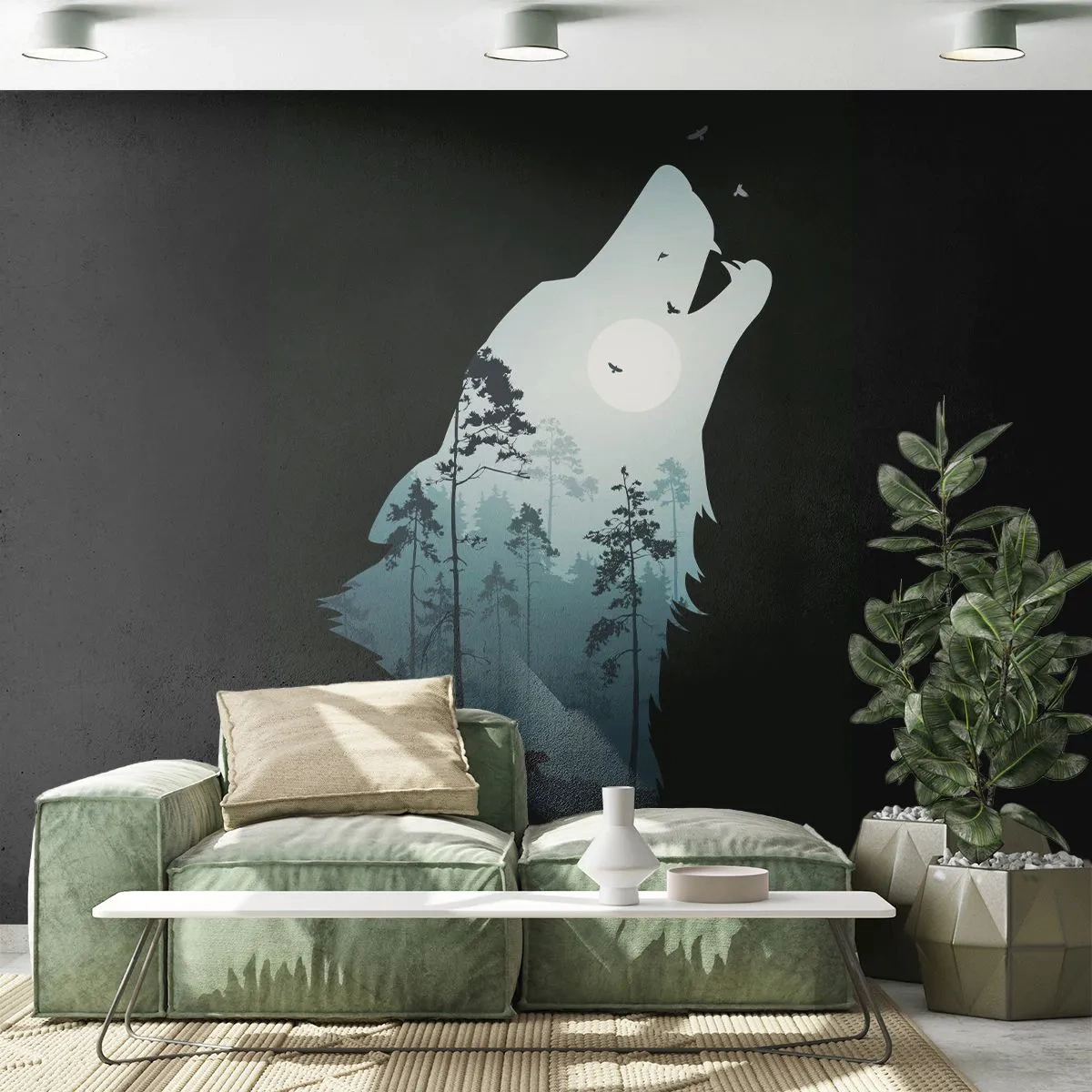 Papier Peint Photo Premium Sand - Silhouette d'un loup avec un paysage forestier et la lune - 100x70cm - La voix de nuit de la forêt - Décoration murale moderne pour le salon et la chambre ARTTOR