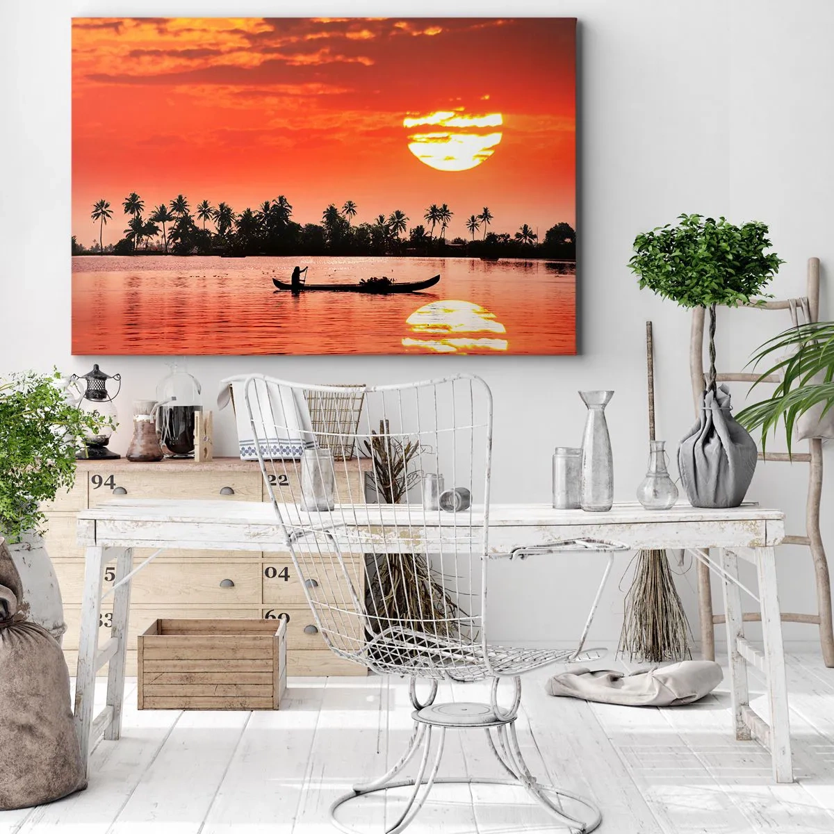 Impression sur toile - Image sur toile - Coucher de soleil tropical avec un bateau et des palmiers en arrière-plan - 120x80cm - La tranquillité des tropiques au coucher du soleil - Décoration murale moderne pour le salon et la chambre ARTTOR
