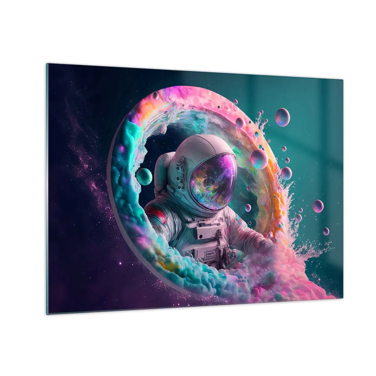 Impression sur verre - Image sur verre - Astronaute dans l'espace coloré - 70x50cm - porte des étoiles - Décoration murale moderne pour le salon et la chambre ARTTOR