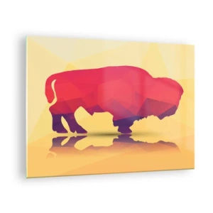 Impression sur verre - Image sur verre - Bison géométrique aux couleurs chaudes - 70x50cm - La force amarante du bison - Décoration murale moderne pour le salon et la chambre ARTTOR