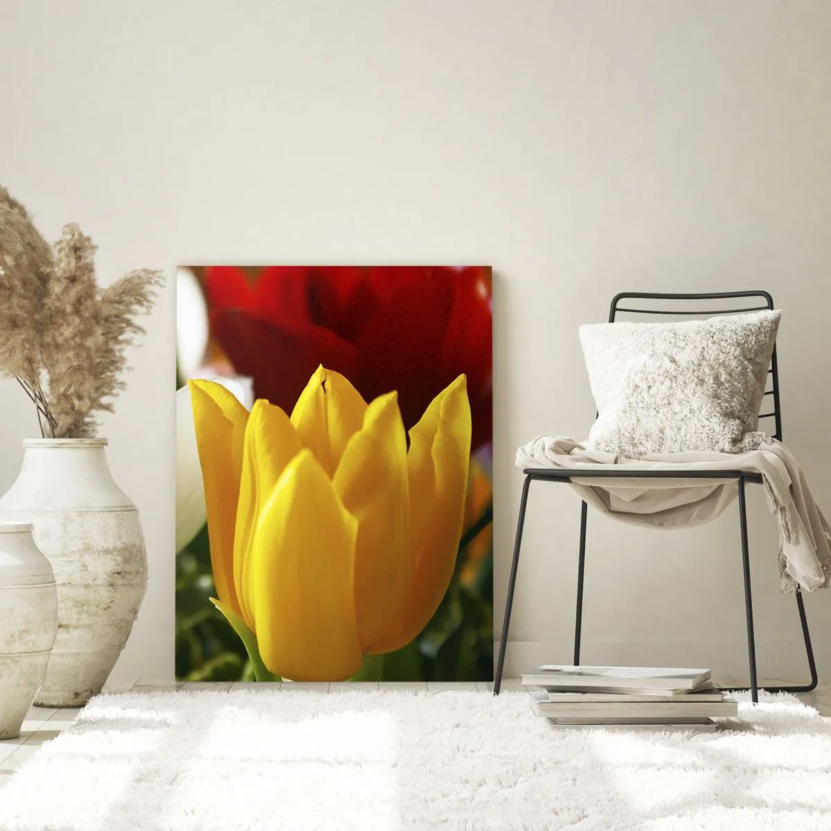 Impression sur verre - Image sur verre - Gros plan de tulipes colorées sur un fond printanier - 70x100cm - La fièvre des tulipes - Décoration murale moderne pour le salon et la chambre ARTTOR
