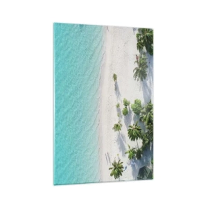 Impression sur verre - Image sur verre - Vue plongeante sur une plage tropicale avec de l'eau turquoise et des palmiers - 70x100cm - Vacances au paradis - Décoration murale moderne pour le salon et la chambre ARTTOR