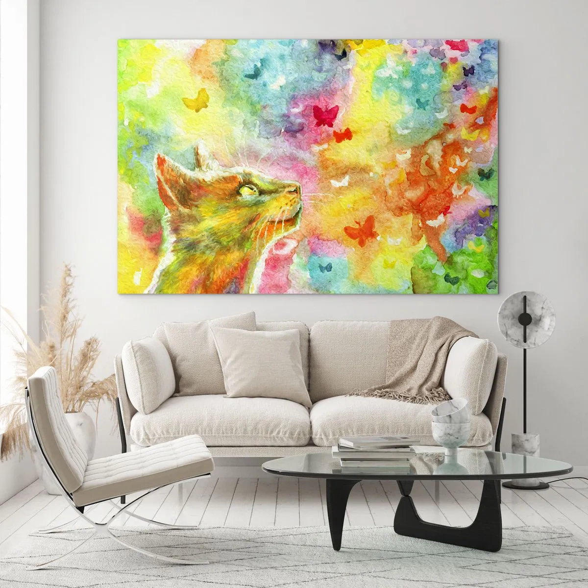 Impression sur verre - Image sur verre - Un chat observant des papillons colorés sur un fond pastel. - 120x80cm - Bayou-bayou au paradis des chats - Décoration murale moderne pour le salon et la chambre ARTTOR
