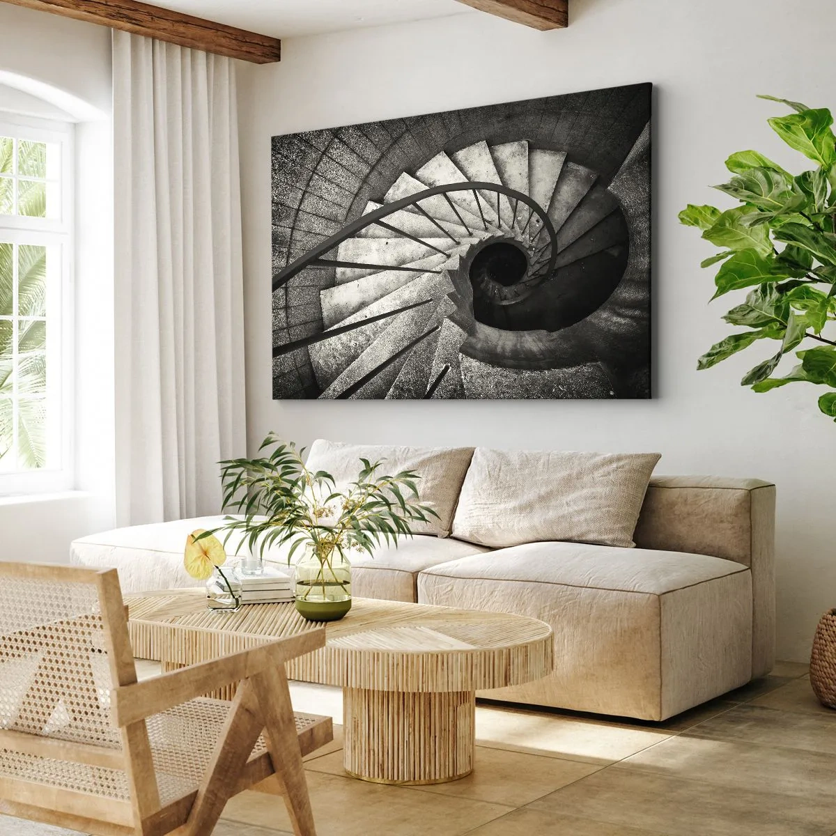 Impression sur toile - Image sur toile - Escalier en colimaçon noir et blanc de style moderne - 100x70cm - En haut des escaliers, en bas des escaliers - Décoration murale moderne pour le salon et la chambre ARTTOR