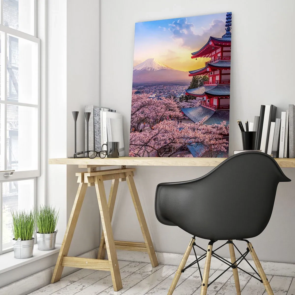 Impression sur verre - Image sur verre - Une pagode au Japon avec des cerisiers en fleurs et le mont Fuji - 80x120cm - Essence d'âme japonnaise - Décoration murale moderne pour le salon et la chambre ARTTOR