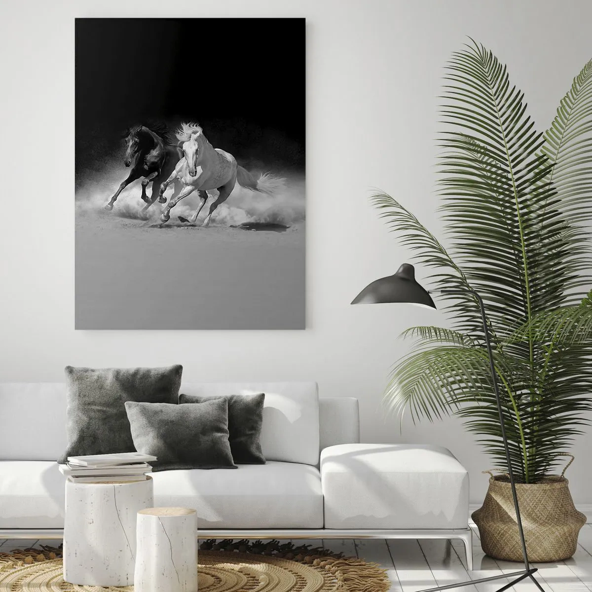 Impression sur verre - Image sur verre - Chevaux au galop en noir et blanc - 70x100cm - Galop de la liberté - Décoration murale moderne pour le salon et la chambre ARTTOR