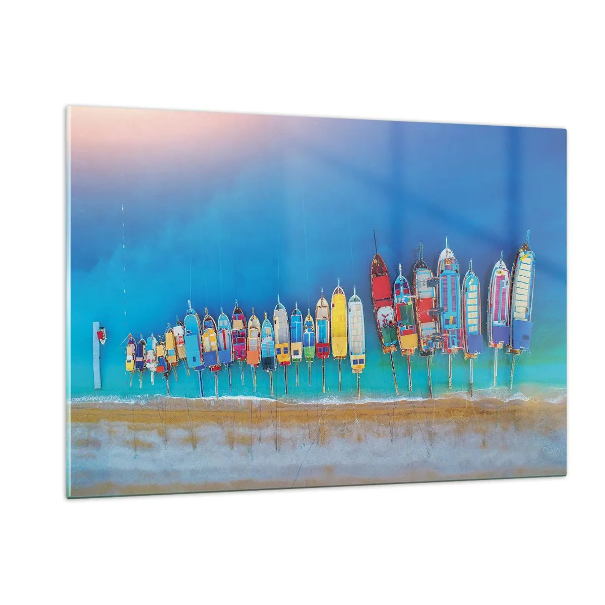 Impression sur verre - Image sur verre - Bateaux colorés sur le rivage de la mer turquoise - 120x80cm - Une vue à vol d'oiseau - Décoration murale moderne pour le salon et la chambre ARTTOR
