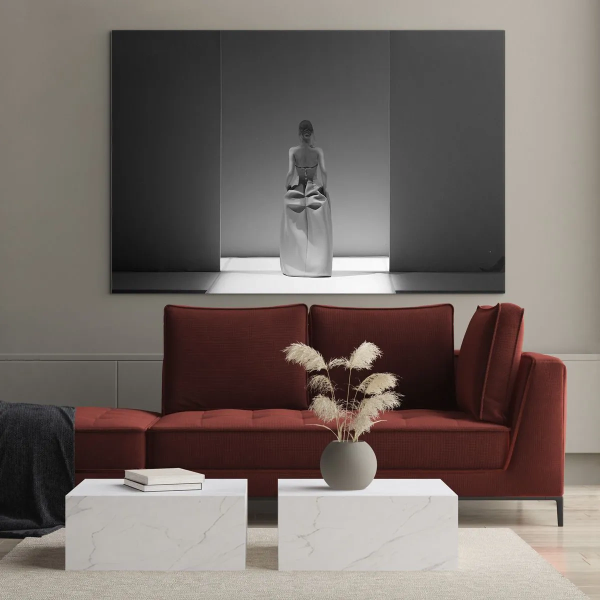 Impression sur verre - Image sur verre - Une photo en noir et blanc d'une femme en robe sur fond de lumière. - 120x80cm - Simplicité raffinée - Décoration murale moderne pour le salon et la chambre ARTTOR