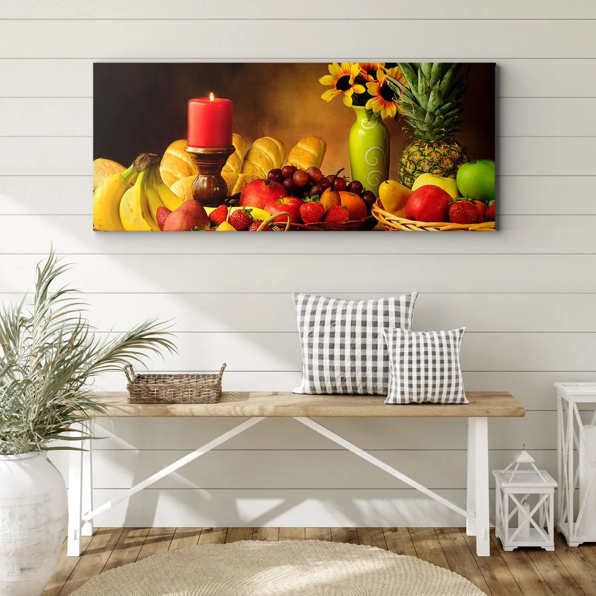 Impression sur toile - Image sur toile - Nature morte avec fruits, pain, bougie et fleurs - 160x50cm - Nature morte de pain et de fruits - Décoration murale moderne pour le salon et la chambre ARTTOR