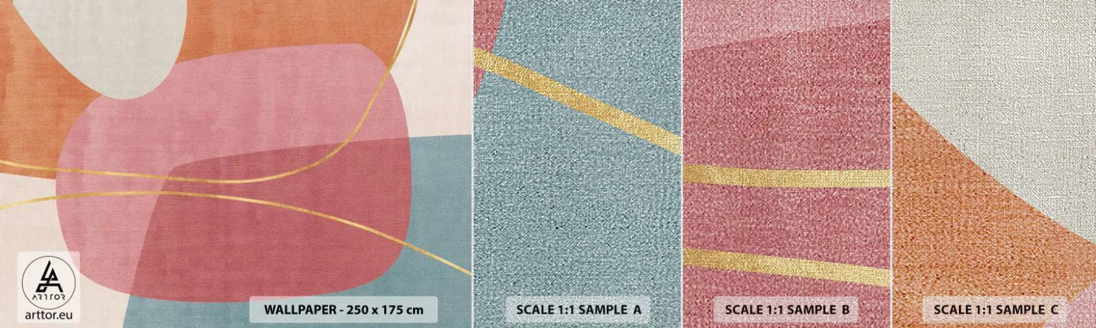 Échantillon de Papier Peint Premium Canvas - Composition pastel au fil d'or - Abstraction, Minimalisme, Formes - 100x30 cm