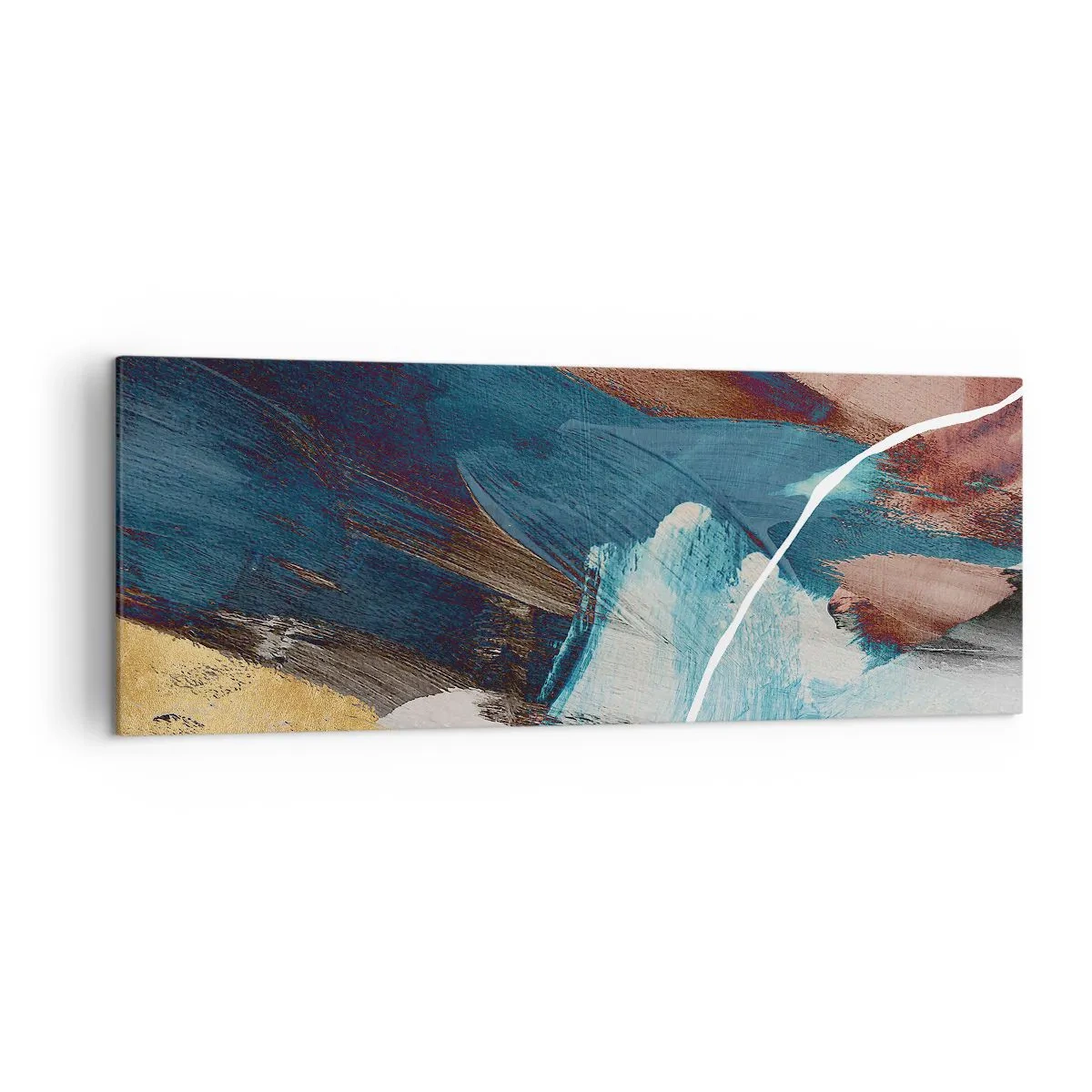 Impression sur toile - Image sur toile - Coups de pinceau abstraits dans des tons de bleu et d'or - 140x50cm - Avec panache et énergie - Décoration murale moderne pour le salon et la chambre ARTTOR