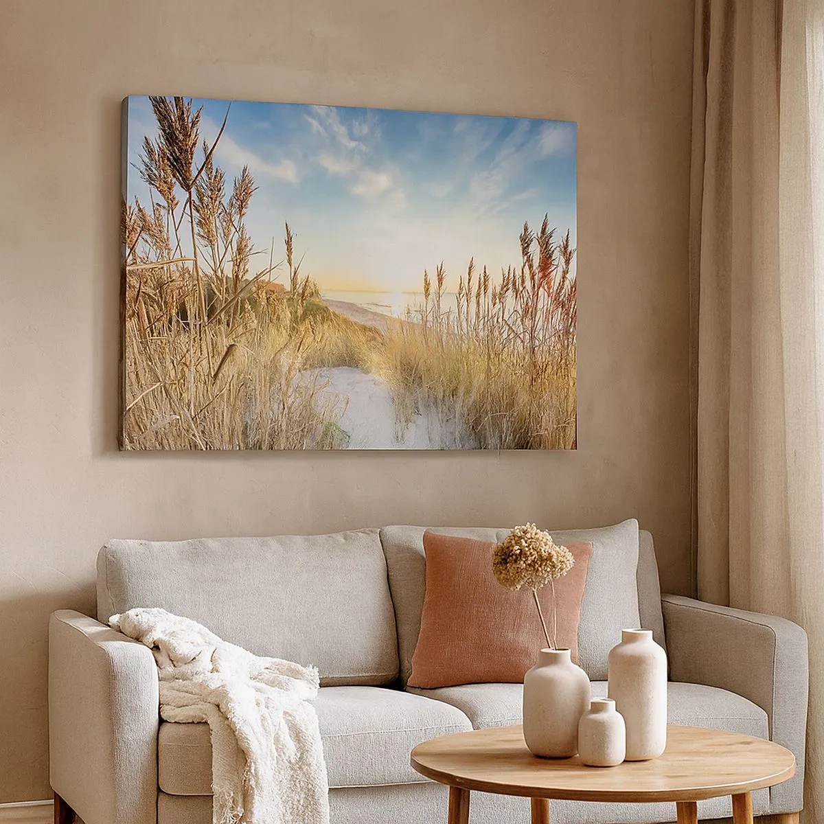 Impression sur toile - Image sur toile - Une plage pittoresque avec de l'herbe et le soleil couchant - 70x50cm - Plage du nord - Décoration murale moderne pour le salon et la chambre ARTTOR