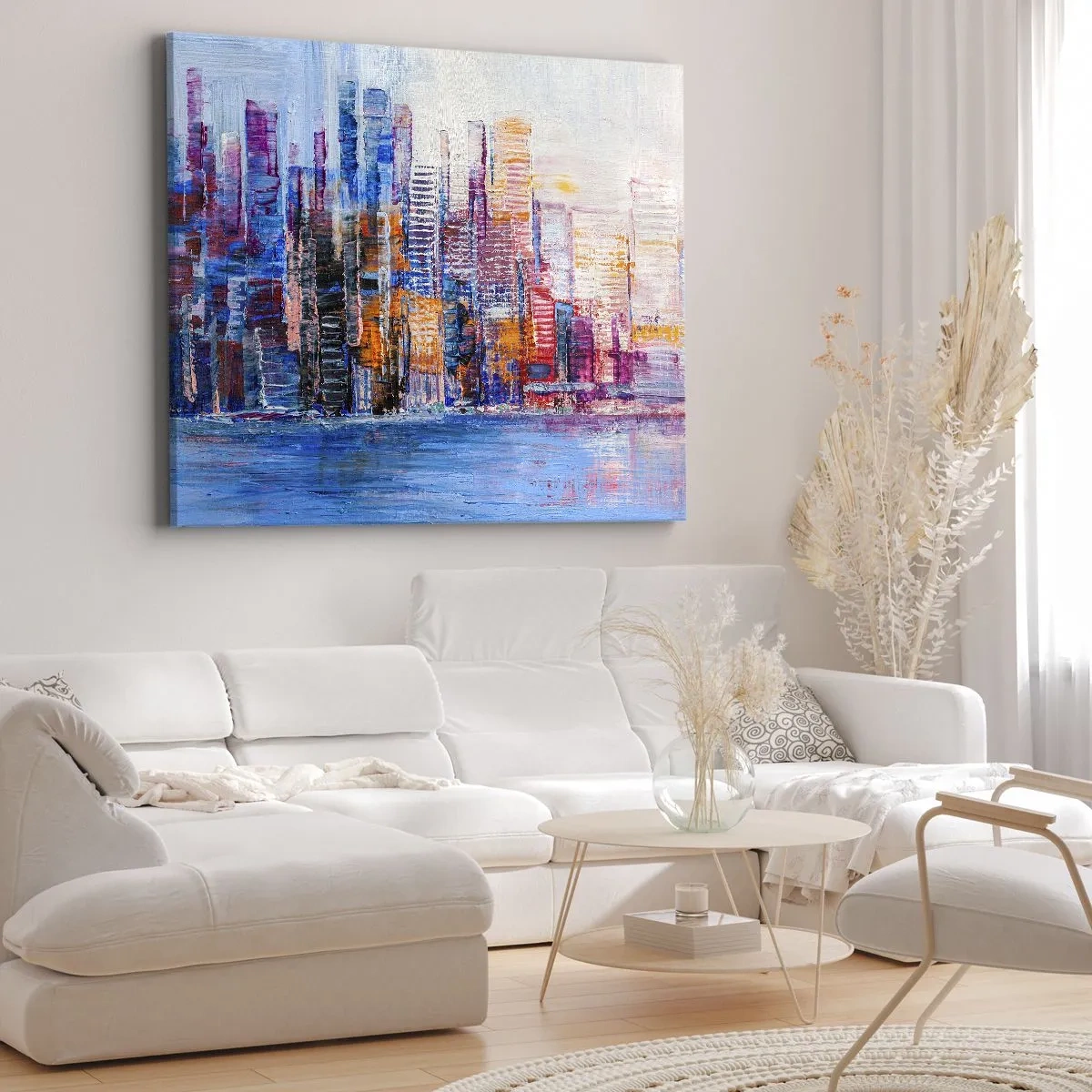 Impression sur toile - Image sur toile - Un panorama coloré de la ville avec des reflets sur l'eau - 100x70cm - Une métropole joyeuse - Décoration murale moderne pour le salon et la chambre ARTTOR