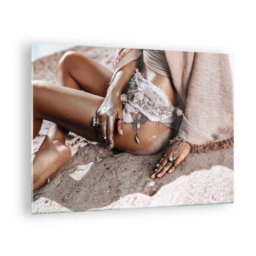 Impression sur verre - Image sur verre - Silhouette féminine sur une plage de sable - 70x50cm - Rejeté par la vague? - Décoration murale moderne pour le salon et la chambre ARTTOR