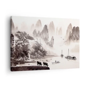 Impression sur toile - Image sur toile - Un paysage pittoresque de style asiatique avec des montagnes brumeuses - 70x50cm - Le quotidien exotique de l'Orient - Décoration murale moderne pour le salon et la chambre ARTTOR