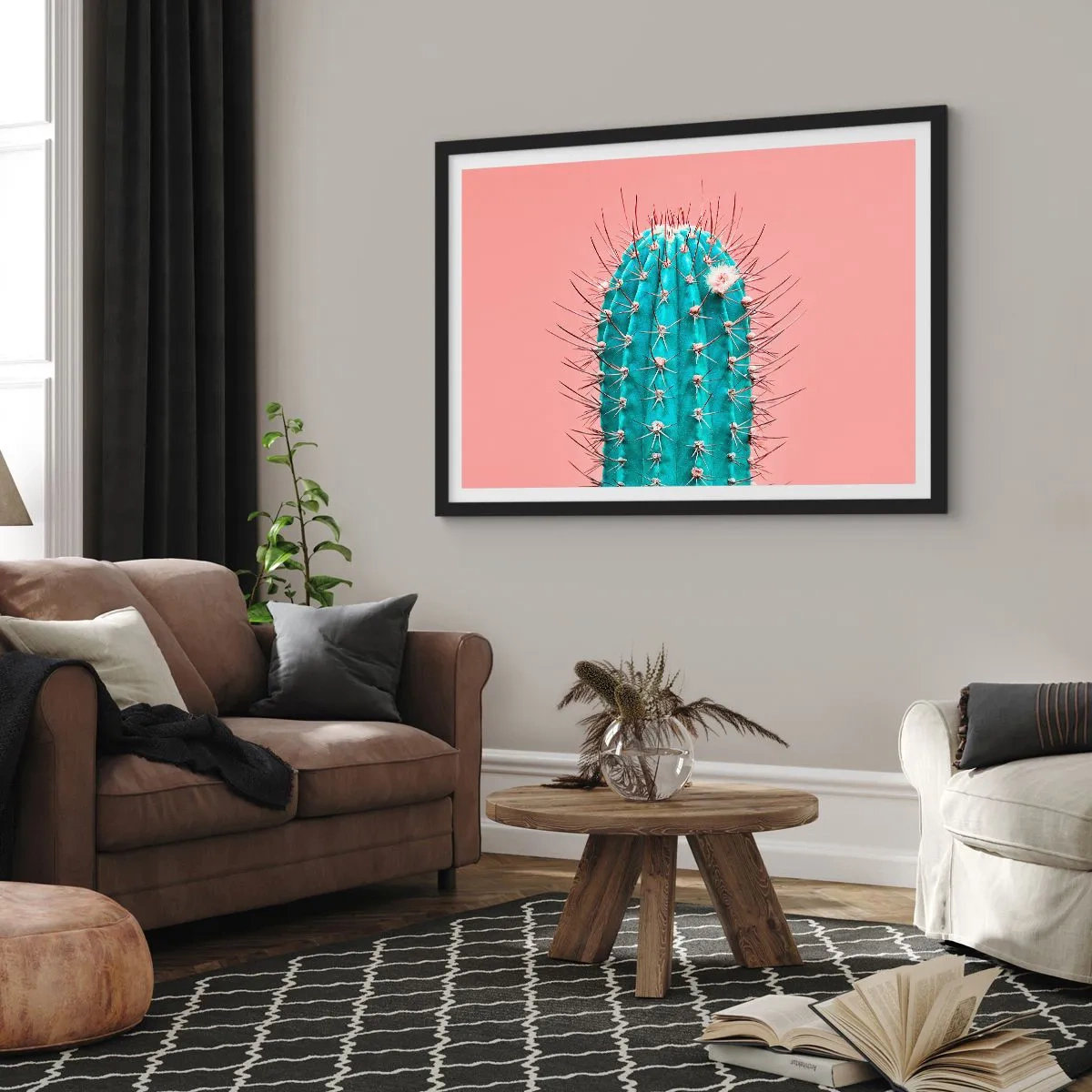 Affiche dans un cadre noir - Poster - Une interprétation artistique d'un cactus sur fond rose - 100x70cm - Juste regarde - Décoration murale moderne pour le salon et la chambre ARTTOR