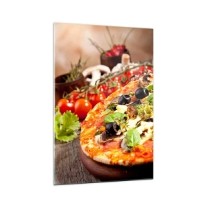 Impression sur verre - Image sur verre - Pizza aux olives, basilic et ingrédients frais sur fond de bois - 70x100cm - Des ingrédients telluriques - Décoration murale moderne pour le salon et la chambre ARTTOR