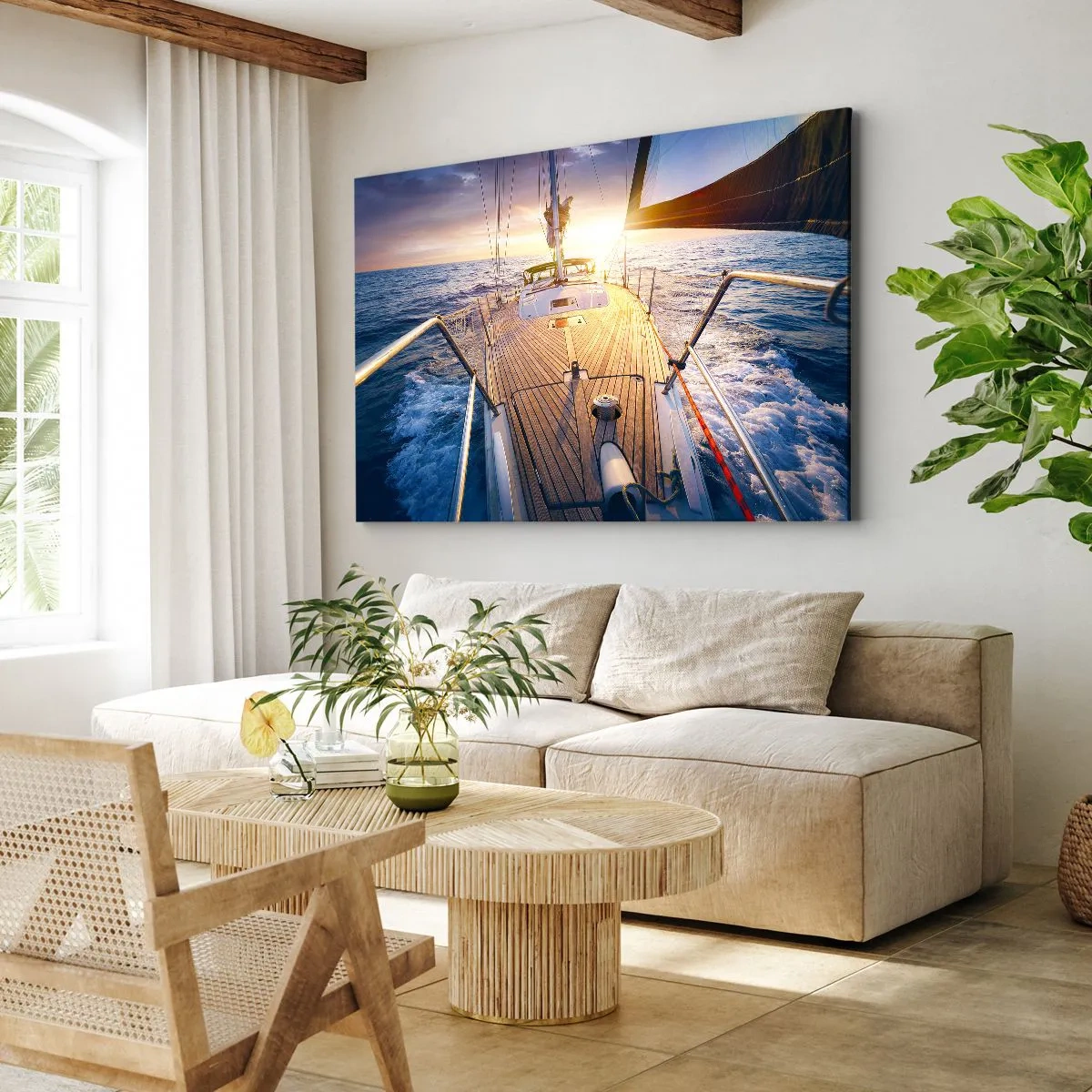 Impression sur toile - Image sur toile - Yacht en mer au coucher du soleil - 70x50cm - Courir sur les vagues - Décoration murale moderne pour le salon et la chambre ARTTOR