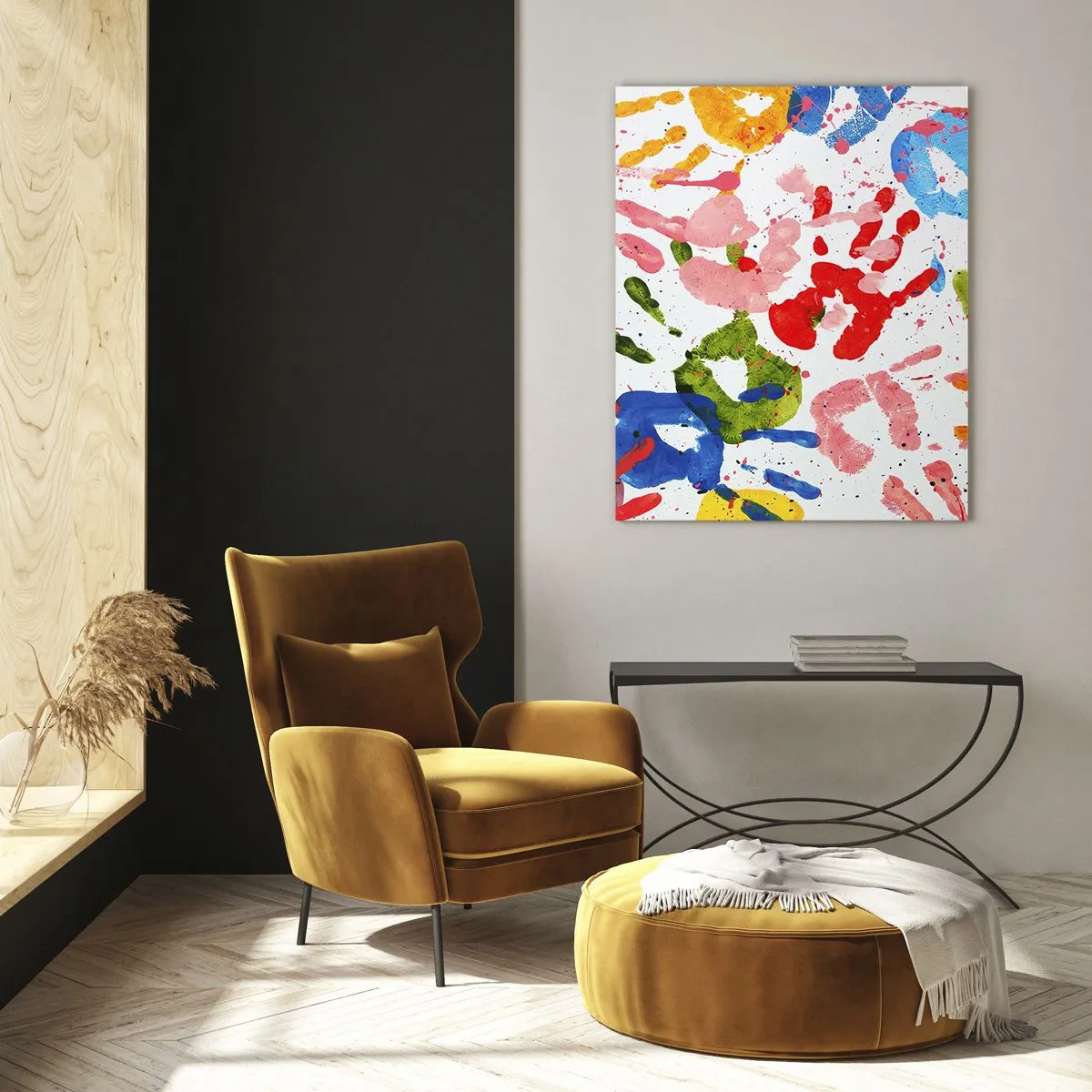 Impression sur verre - Image sur verre - Empreintes de mains colorées sur fond blanc - 50x70cm - Suivez les traces - Décoration murale moderne pour le salon et la chambre ARTTOR
