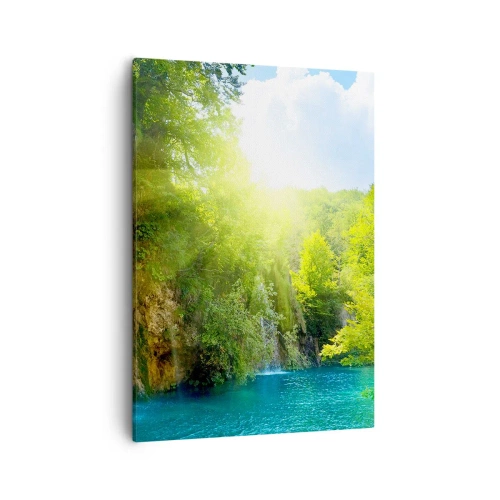 Impression sur toile - Image sur toile - Une cascade se jetant dans un lac turquoise entouré de verdure - 50x70cm - Ce doit être le paradis ici - Décoration murale moderne pour le salon et la chambre ARTTOR