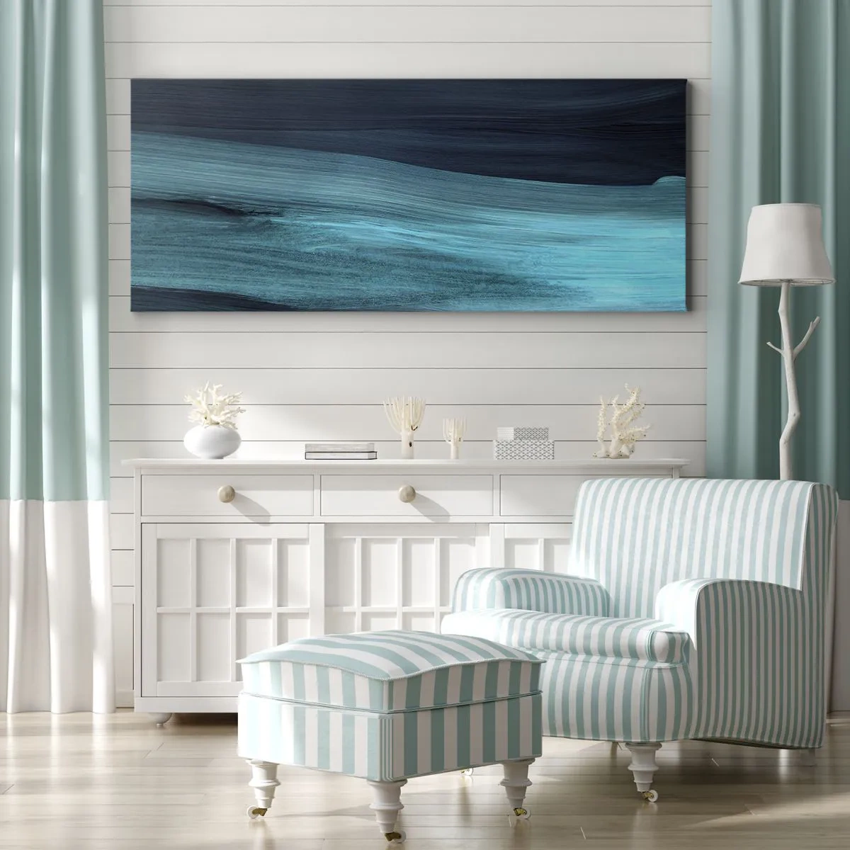 Impression sur toile - Image sur toile - De subtiles vagues abstraites dans des tons bleus foncés - 140x50cm - Suivez le courant - Décoration murale moderne pour le salon et la chambre ARTTOR