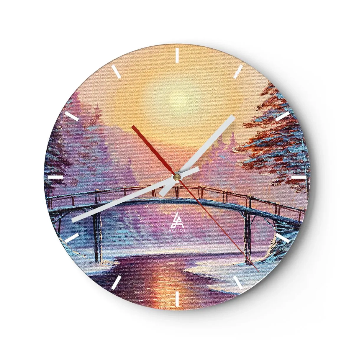 Horloge murale - Pendule murale - Un pont sur une rivière au coucher du soleil dans un paysage hivernal - 30x30cm - Quatre saisons - hiver - Décoration murale moderne pour le salon, la cuisine et la chambre ARTTOR